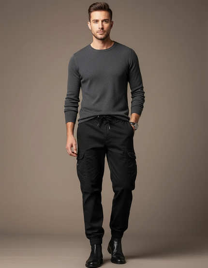 Pantalon Cargo Noir Homme Multipoches Coton Jogger