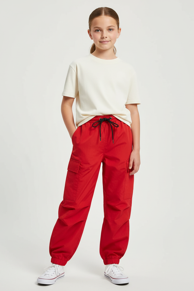 Pantalon Cargo Rouge Ample Fille Décontracté Poches - Polyester