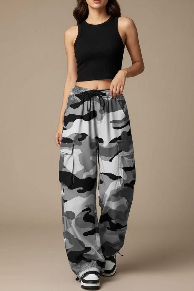 Pantalon Cargo Camouflage Gris Ample Femme Streetwear - Polyester