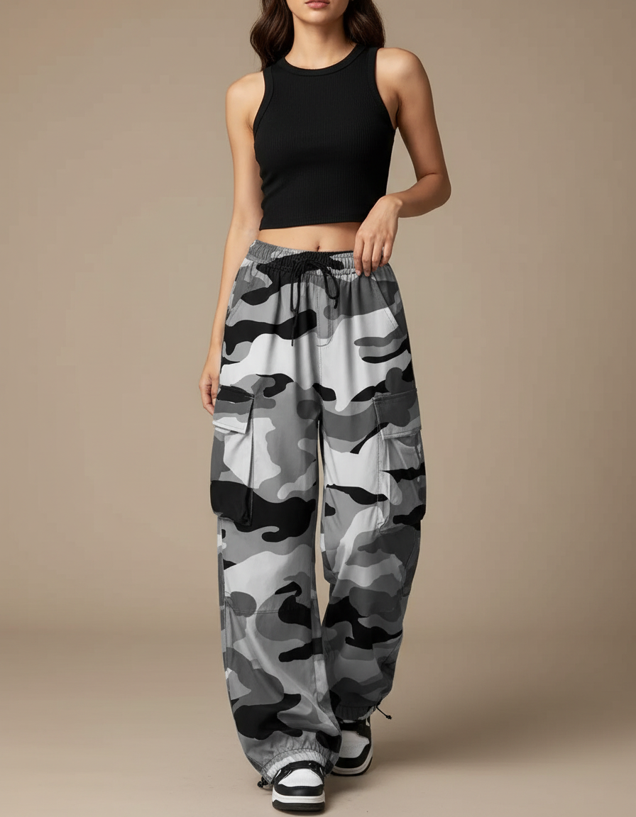 Pantalon Cargo Camouflage Gris Ample Femme Streetwear - Polyester