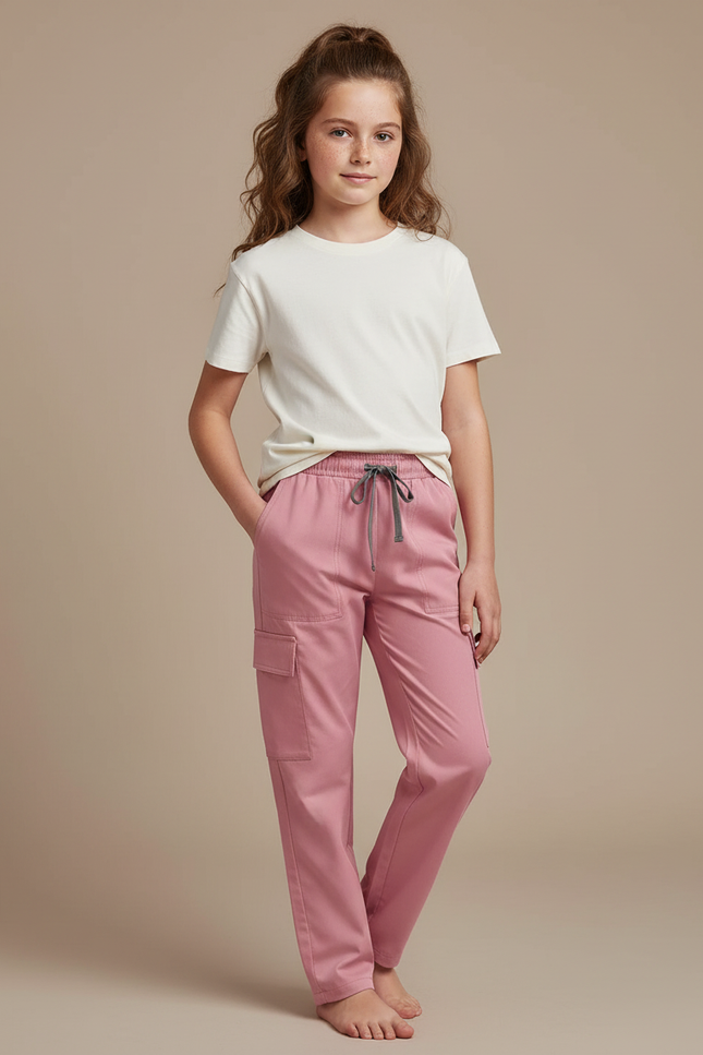 Pantalon Cargo Rose Droit Cordon Poches Latérales - Polyester