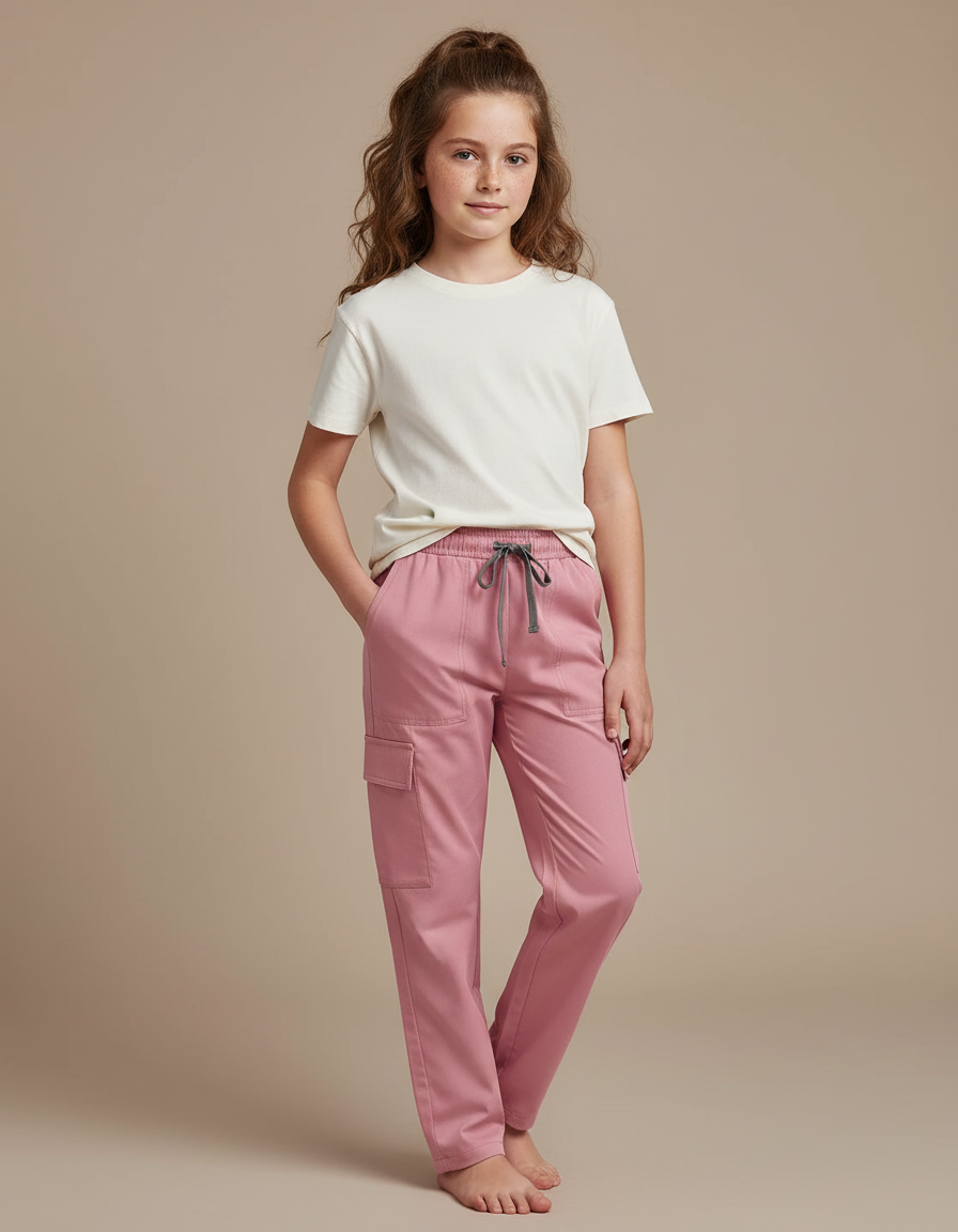 Pantalon Cargo Rose Droit Cordon Poches Latérales - Polyester