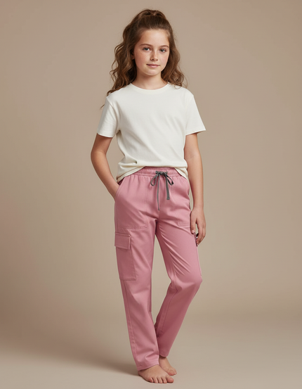 Pantalon Cargo Rose Droit Cordon Poches Latérales - Polyester