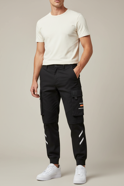 Pantalon Cargo Homme Noir Coton Slim Multipoches Sport