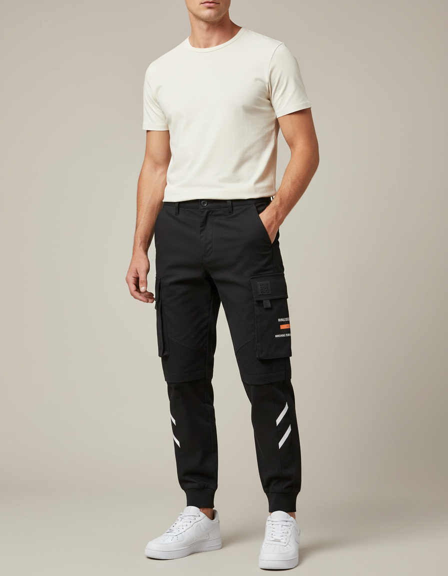 Pantalon Cargo Homme Noir Coton Slim Multipoches Sport