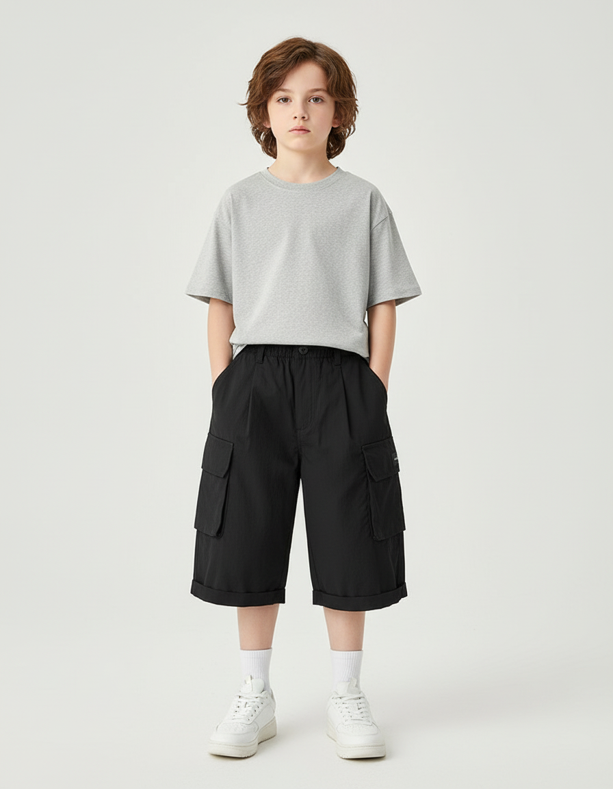 Pantalon Cargo Noir Décontracté Ample Coton - Polyester