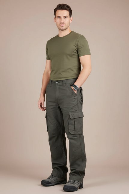 Pantalon Cargo Vert Militaire Coton Multipoches Homme - Kaki Toile