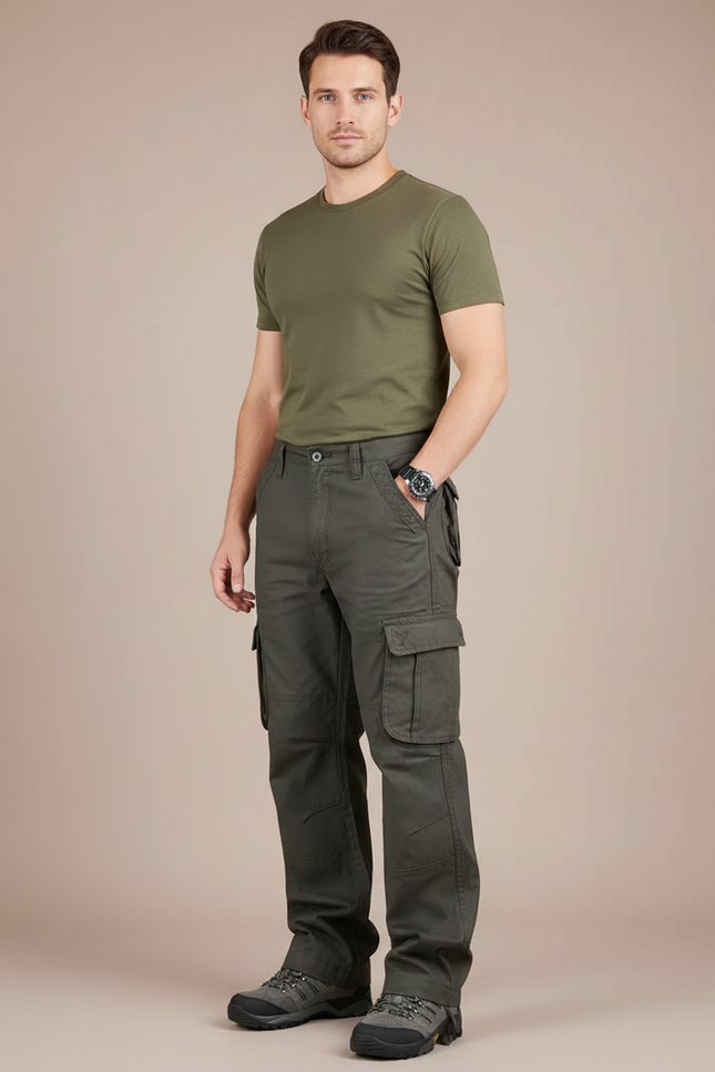 Pantalon Cargo Vert Militaire Coton Multipoches Homme - Kaki Toile