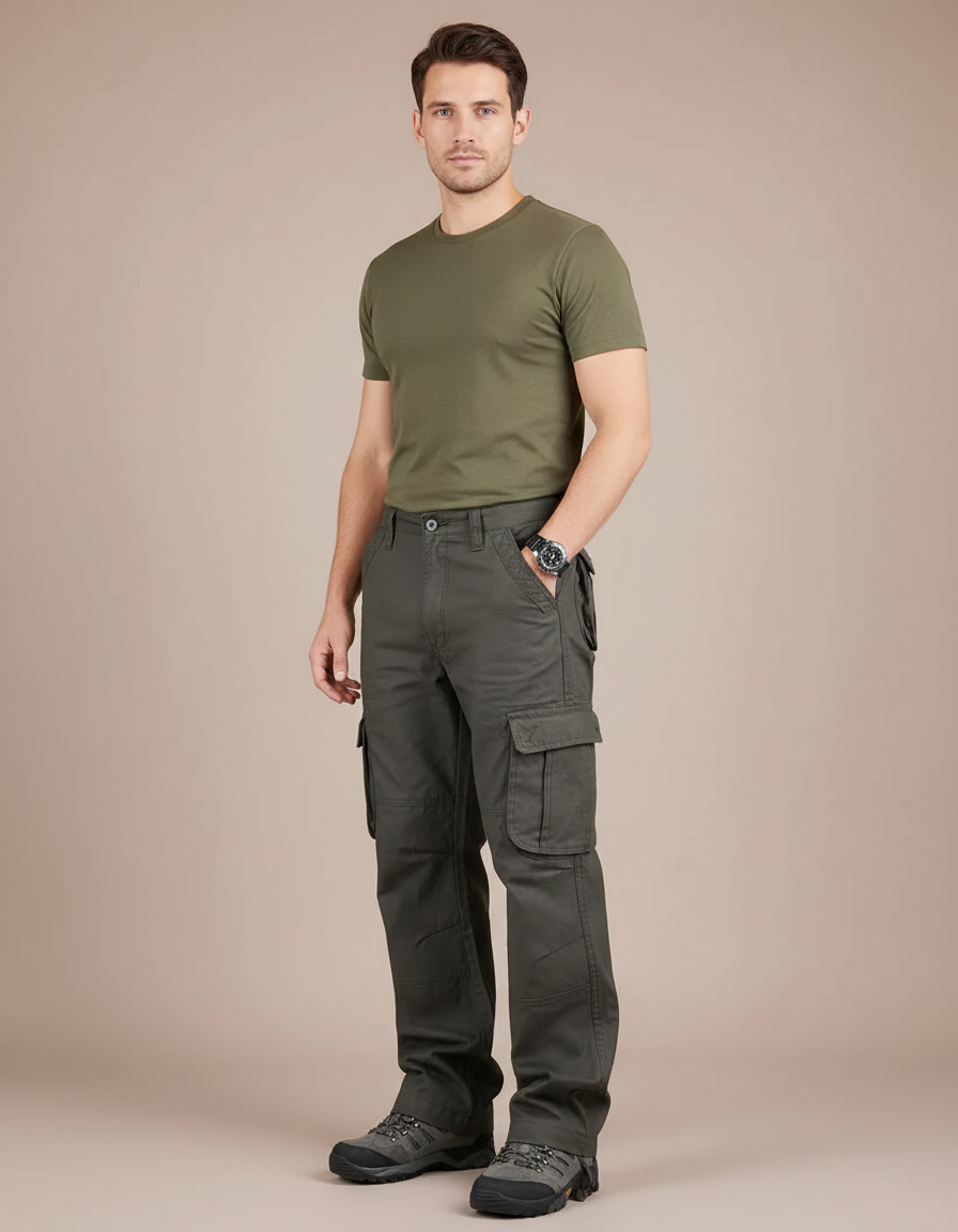 Pantalon Cargo Vert Militaire Coton Multipoches Homme - Kaki Toile