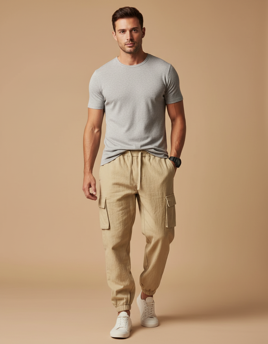 Pantalon Cargo Beige Coton Lin Décontracté Homme
