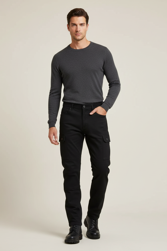 Pantalon Cargo Noir Homme Multipoches Coton Coupe Droite