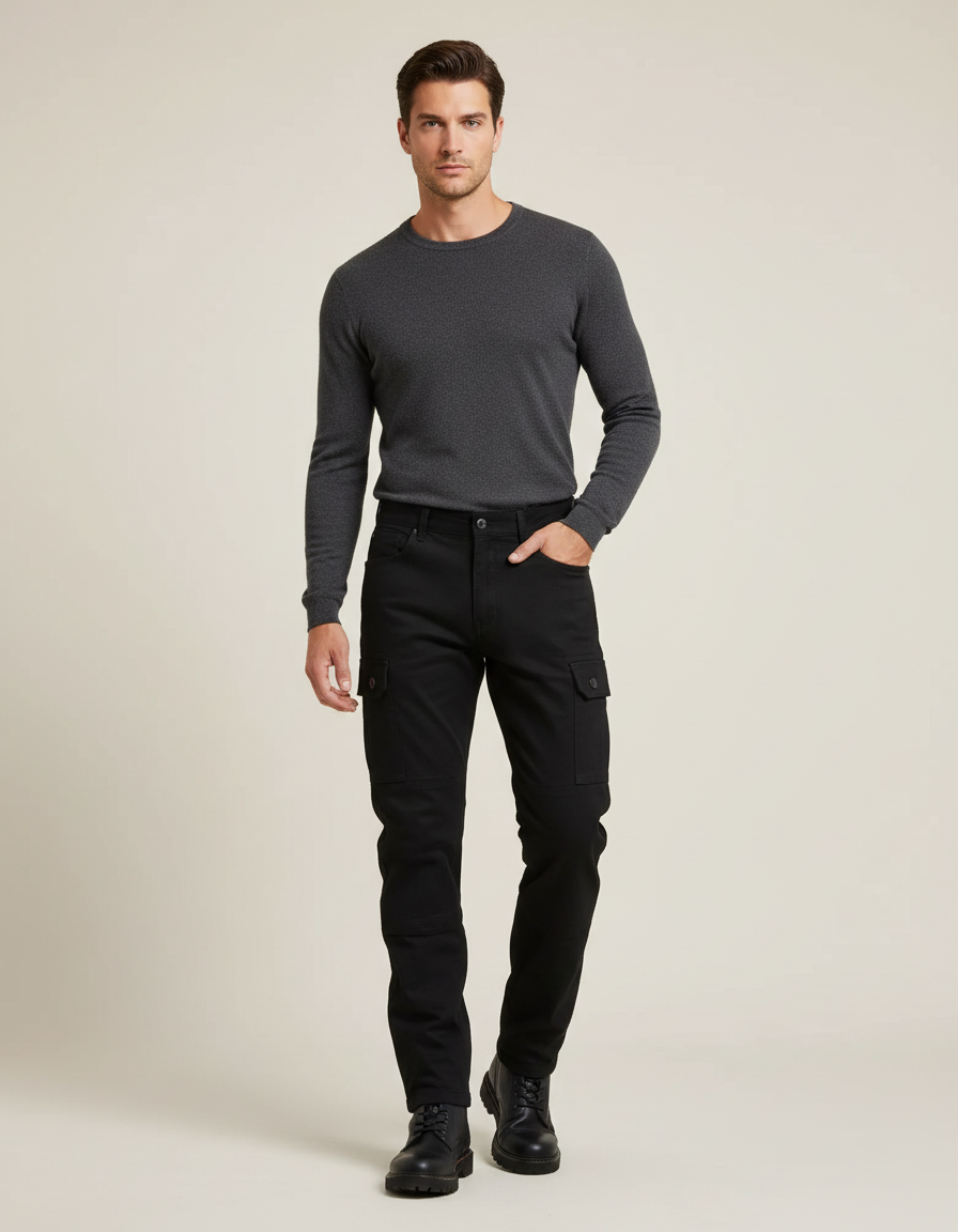 Pantalon Cargo Noir Homme Multipoches Coton Coupe Droite