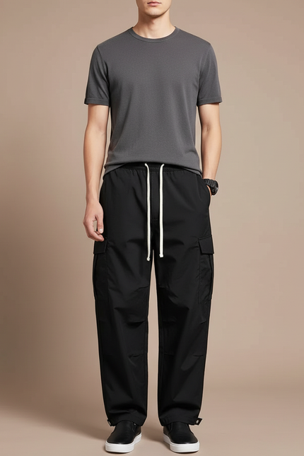Pantalon Cargo Noir Ample Décontracté Homme - Polyester