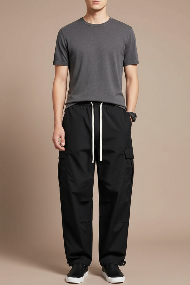 Pantalon Cargo Noir Ample Décontracté Homme - Polyester