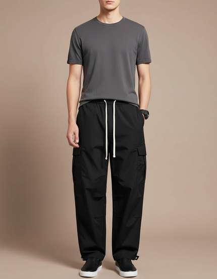 Pantalon Cargo Noir Ample Décontracté Homme - Polyester