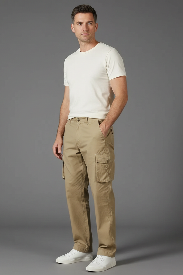Pantalon Cargo Beige Coton Droit Décontracté Multipoches Homme - Toile