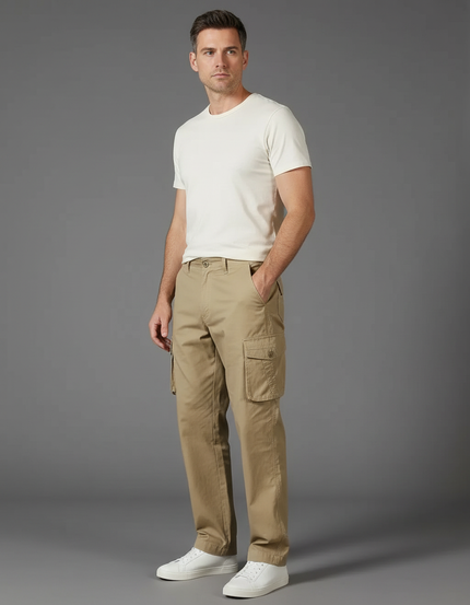 Pantalon Cargo Beige Coton Droit Décontracté Multipoches Homme - Toile