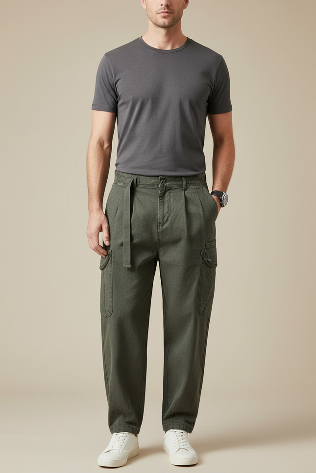 Pantalon Cargo Vert Kaki Coton Ample Décontracté Homme - Toile