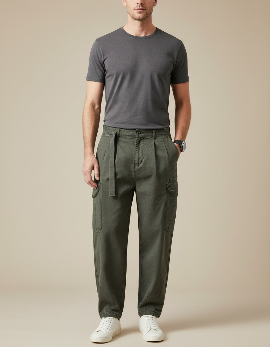 Pantalon Cargo Vert Kaki Coton Ample Décontracté Homme - Toile