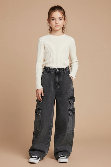 Pantalon Cargo Gris Denim Ample Enfant Multipoches - Jean