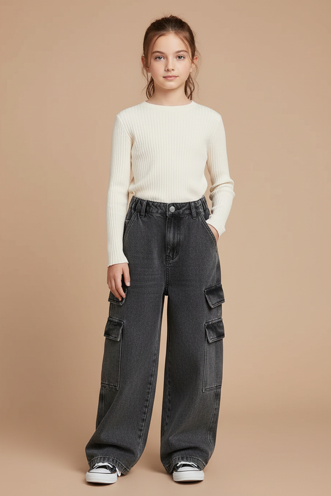 Pantalon Cargo Gris Denim Ample Enfant Multipoches - Jean