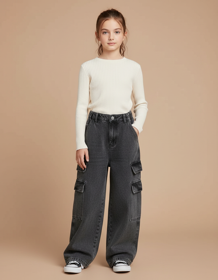Pantalon Cargo Gris Denim Ample Enfant Multipoches - Jean