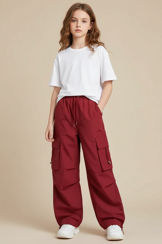 Pantalon Cargo Fille Ample Rouge Bordeau Poches - Bordeaux Polyester