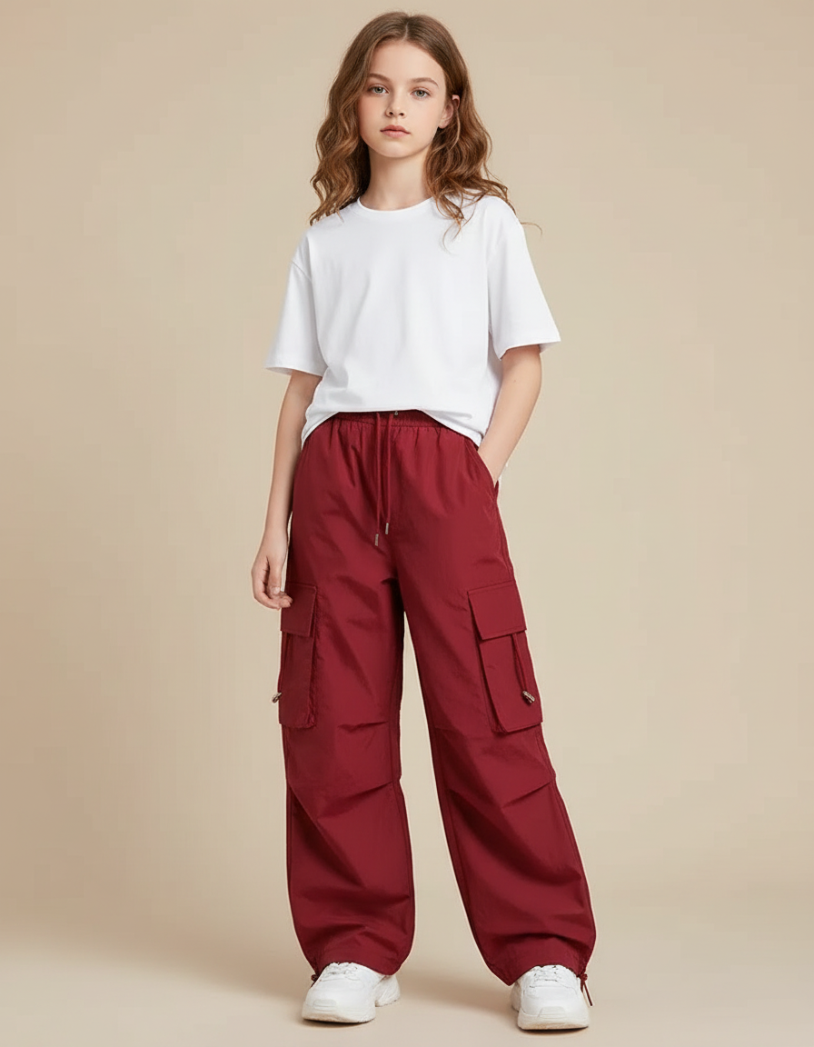Pantalon Cargo Fille Ample Rouge Bordeau Poches - Bordeaux Polyester