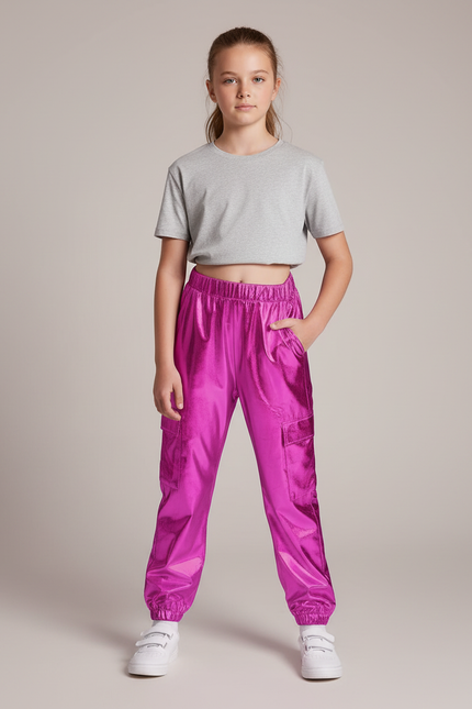 Pantalon Cargo Métallisé Fuchsia Brillant Fille - Rose Polyester