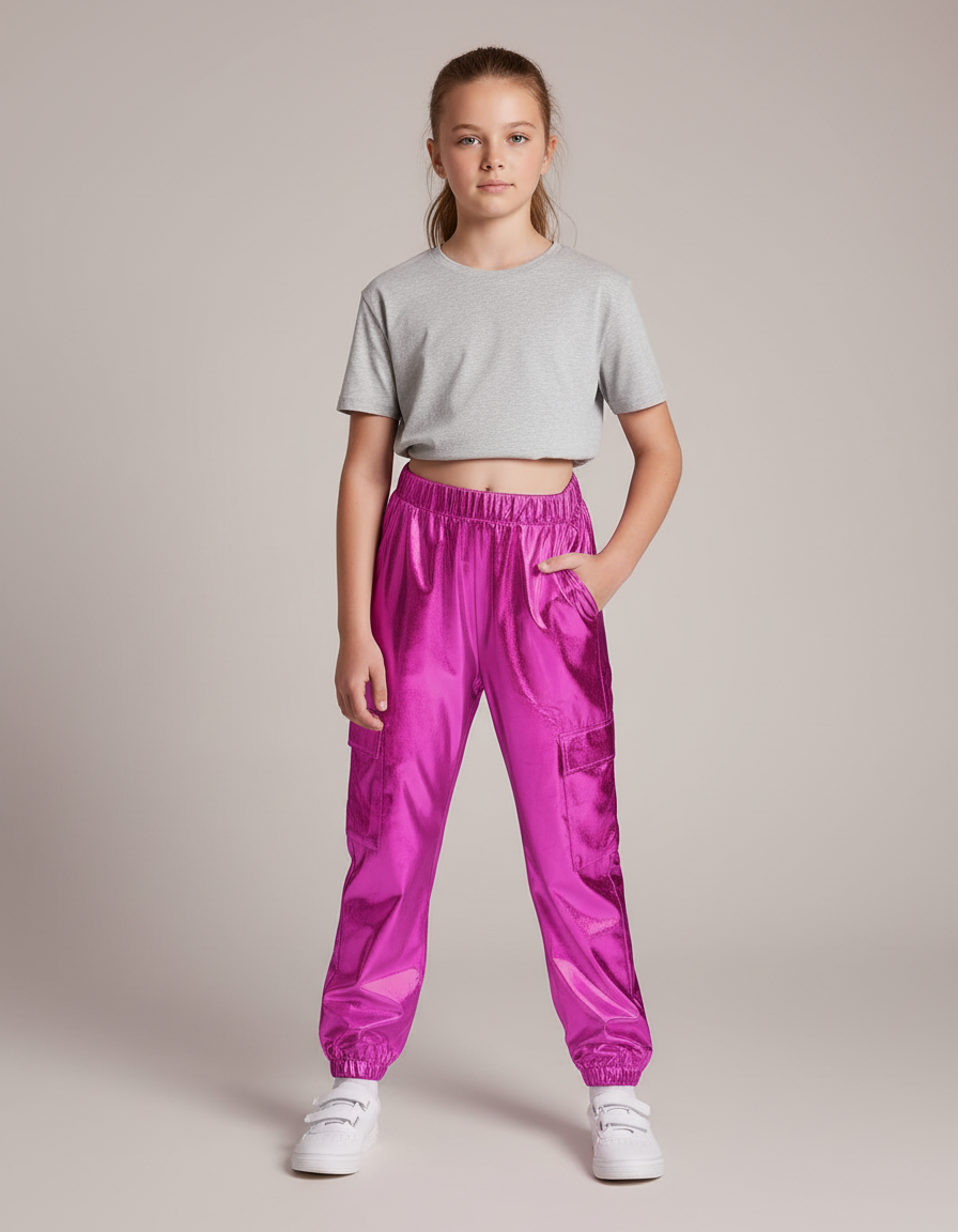 Pantalon Cargo Métallisé Fuchsia Brillant Fille - Rose Polyester