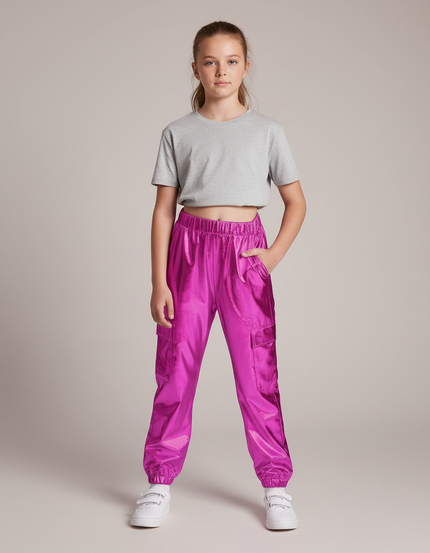 Pantalon Cargo Métallisé Fuchsia Brillant Fille - Rose Polyester
