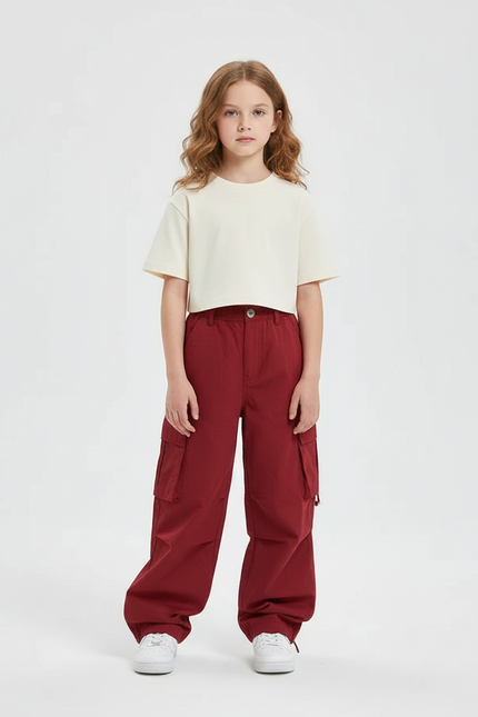 Pantalon Cargo Rouge Ample Multipoches Enfant - Bordeaux Toile