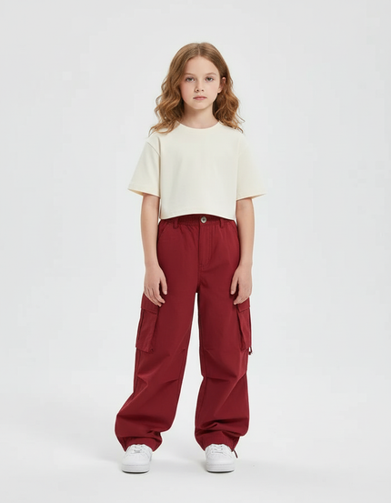 Pantalon Cargo Rouge Ample Multipoches Enfant - Bordeaux Toile