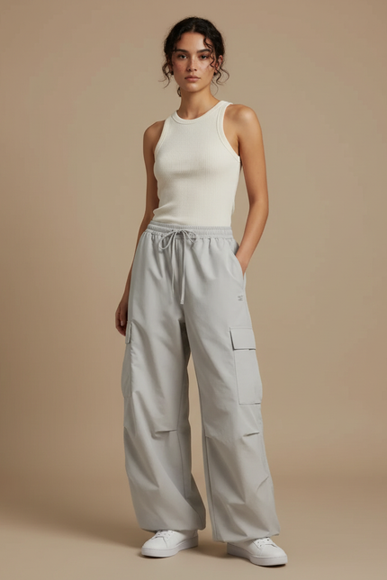 Pantalon Cargo Gris Ample Léger Décontracté Femme - Polyester