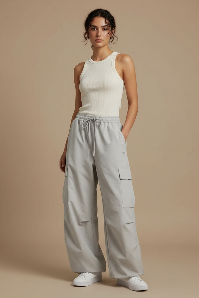 Pantalon Cargo Gris Ample Léger Décontracté Femme - Polyester