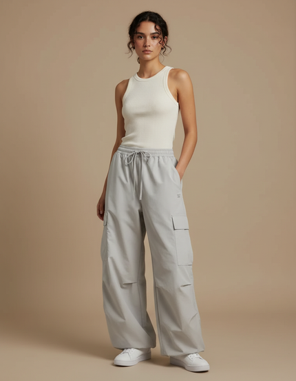 Pantalon Cargo Gris Ample Léger Décontracté Femme - Polyester