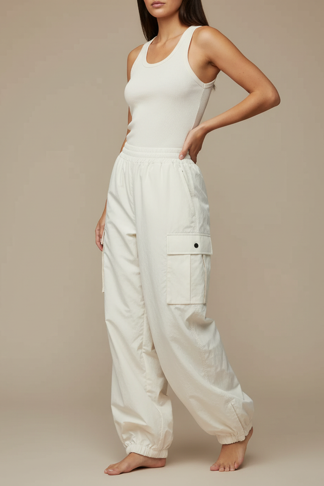 Pantalon Cargo Beige, Ample, Décontracté, Multipoches - Polyester