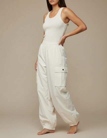 Pantalon Cargo Beige, Ample, Décontracté, Multipoches - Polyester