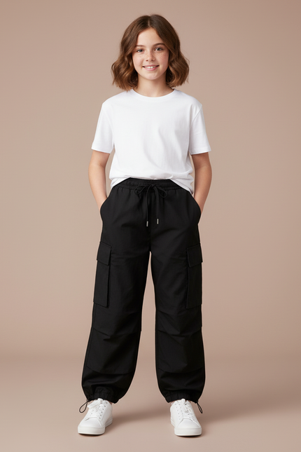 Pantalon Cargo Noir Ample Multipoches Enfant - Polyester