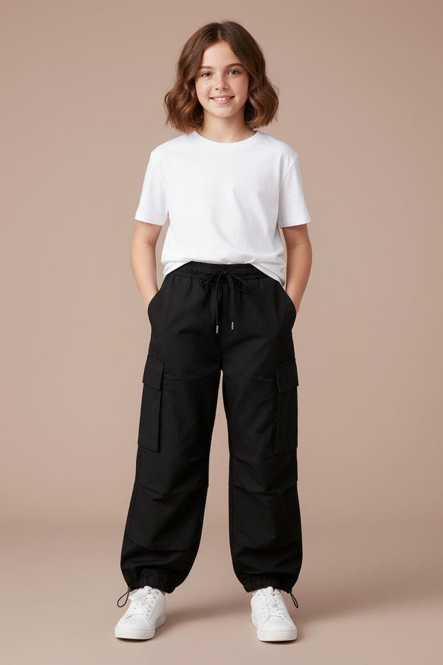 Pantalon Cargo Noir Ample Multipoches Enfant - Polyester