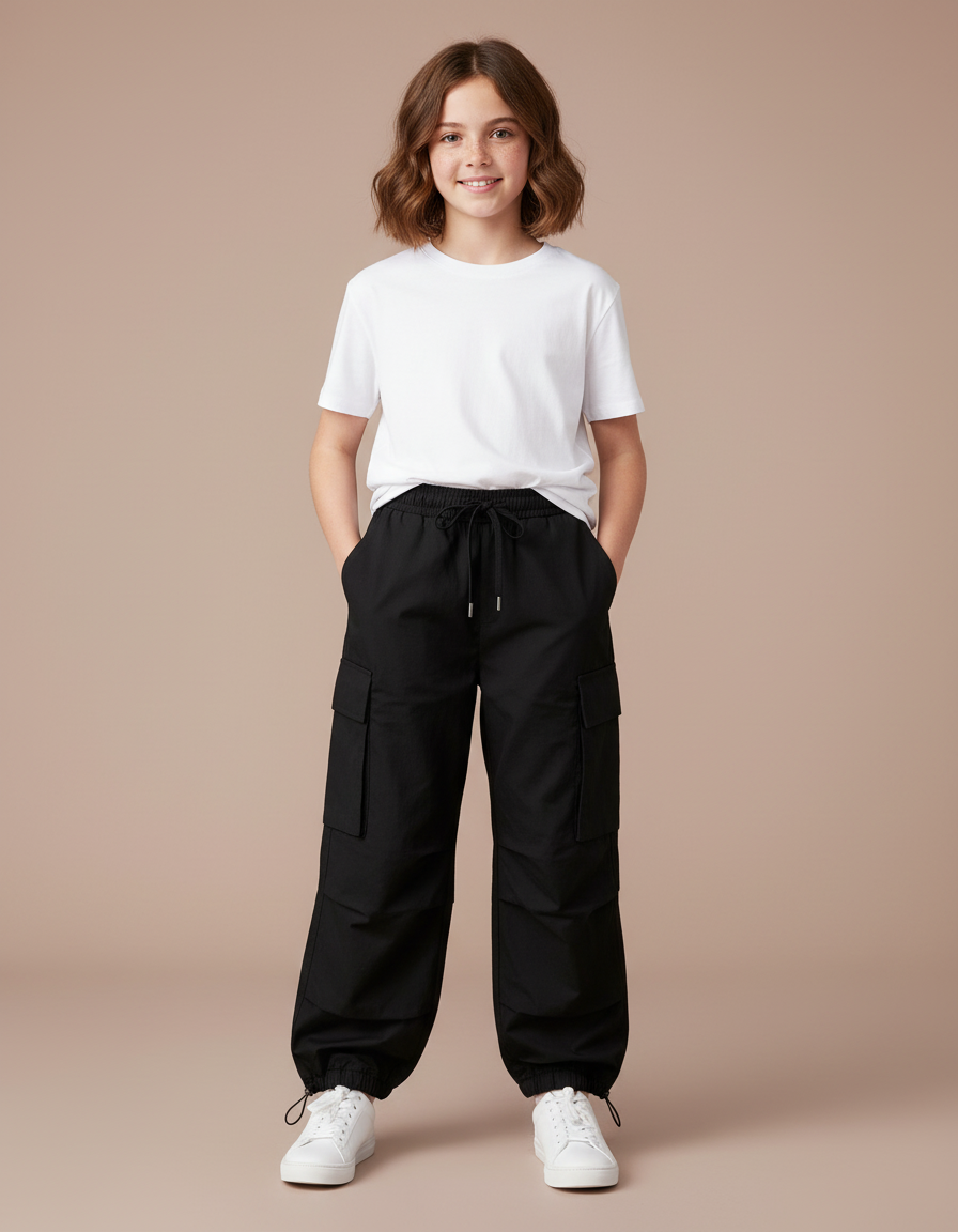 Pantalon Cargo Noir Ample Multipoches Enfant - Polyester