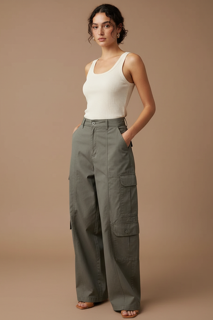 Pantalon Cargo Kaki Ample Taille Haute Multipoches - Toile