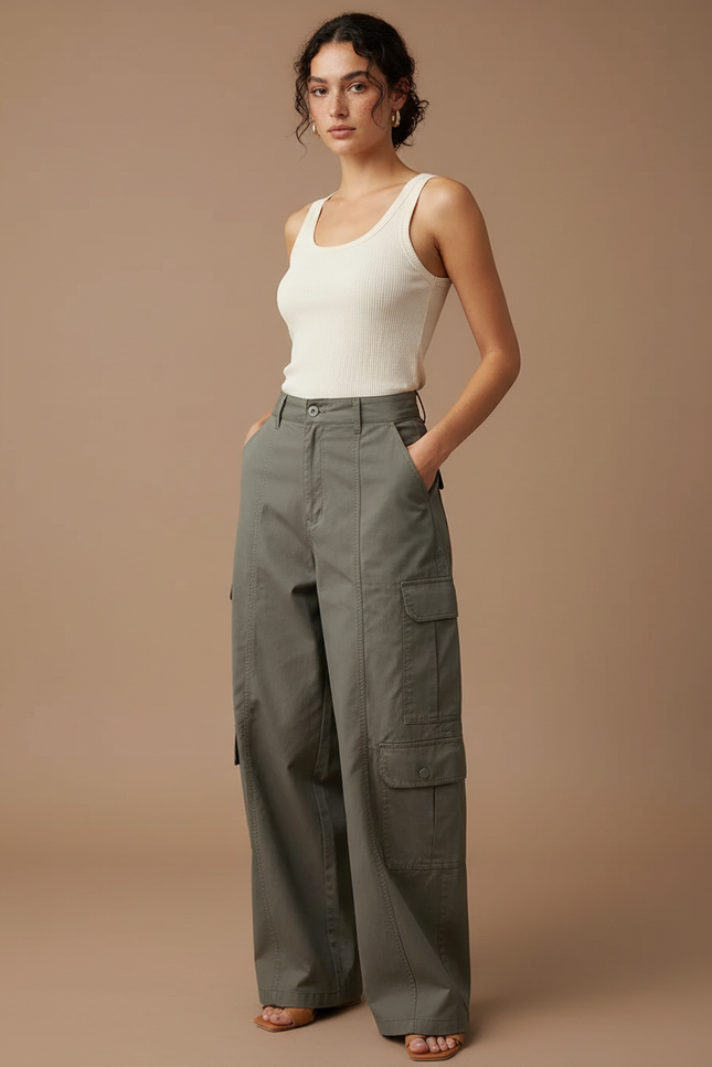 Pantalon Cargo Kaki Ample Taille Haute Multipoches - Toile