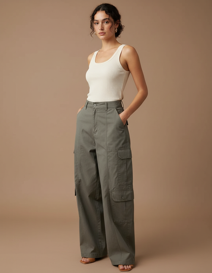 Pantalon Cargo Kaki Ample Taille Haute Multipoches - Toile