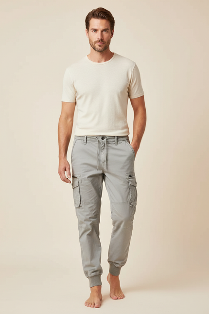 Pantalon Cargo Gris Coton Jogger Multipoches Homme