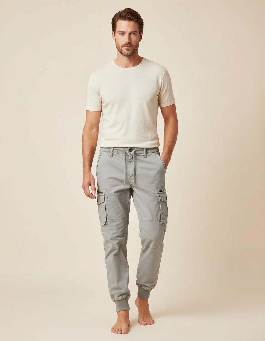 Pantalon Cargo Gris Coton Jogger Multipoches Homme