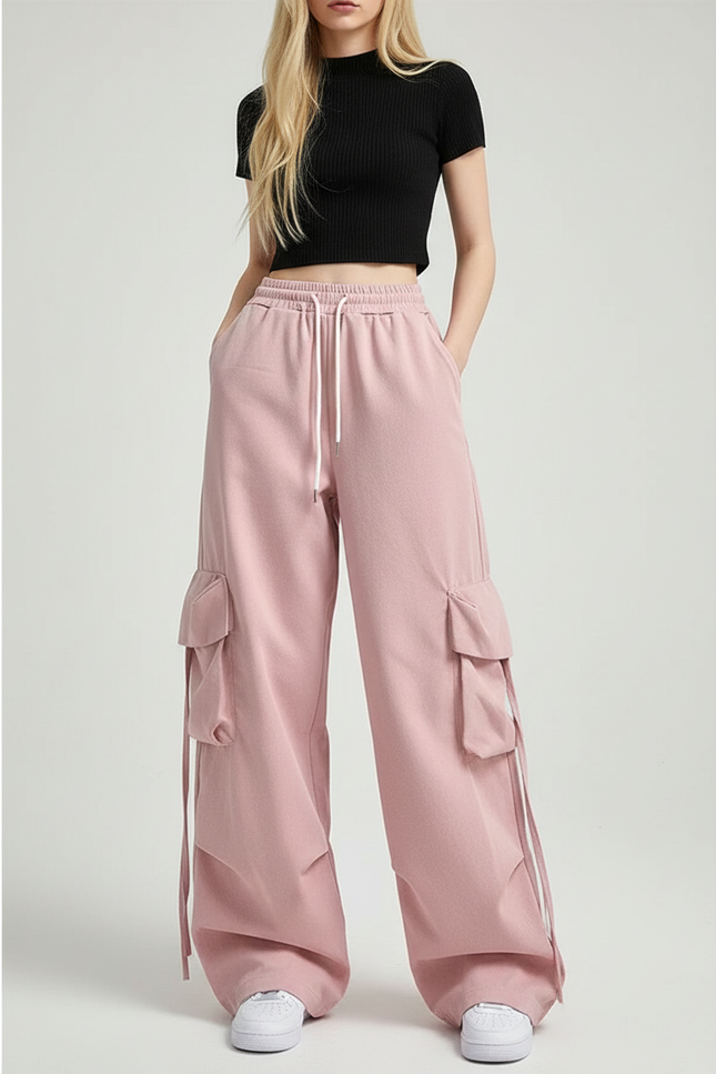 Pantalon Cargo Rose Ample Taille Haute Streetwear - Molleton