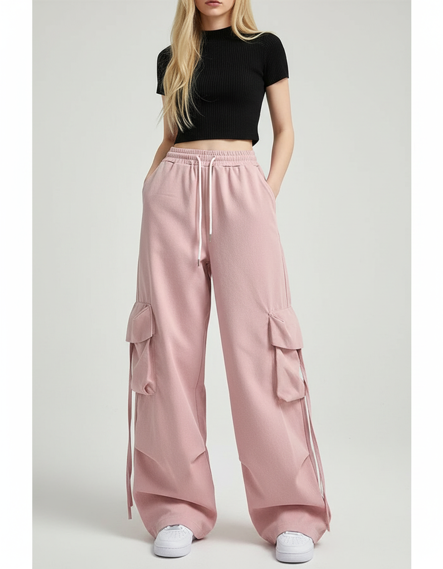 Pantalon Cargo Rose Ample Taille Haute Streetwear - Molleton