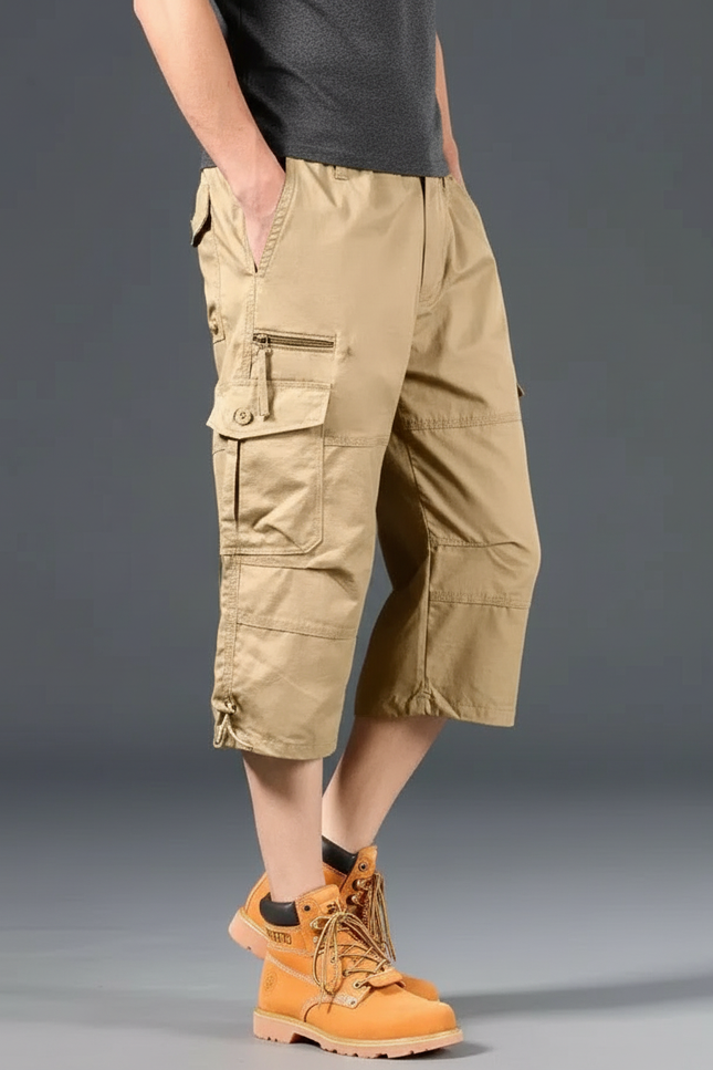 Pantalon Cargo Beige Court Multipoches Décontracté Homme - Toile
