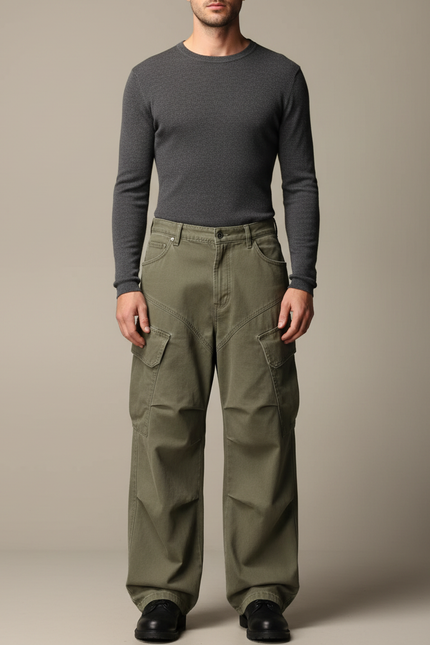 Pantalon Cargo Kaki Ample Décontracté Homme Multipoches - Toile